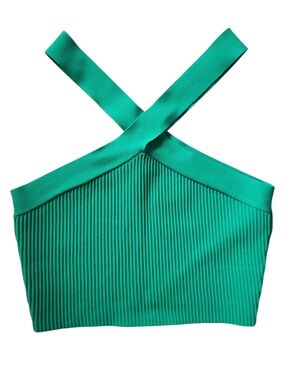 Debut Ribbed Green Cross Neck Crop Top Women's Sleeveless Stretch Knit Tank